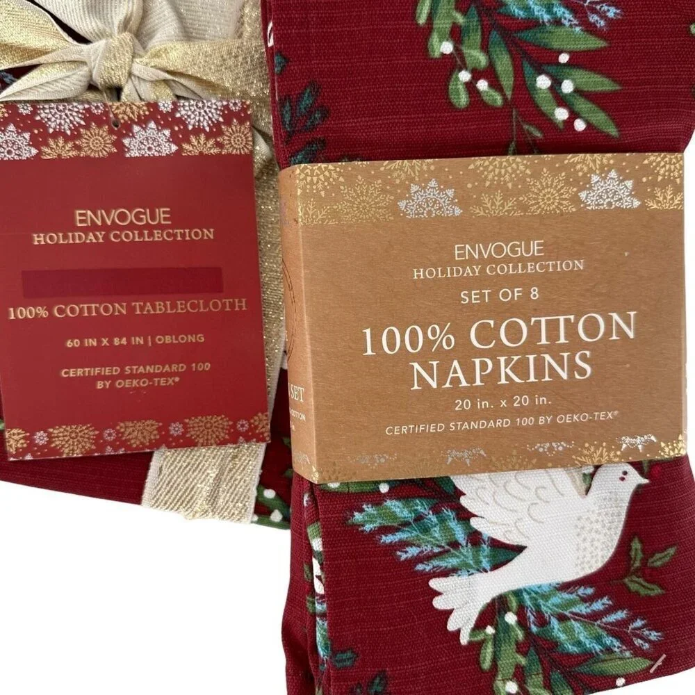 NEW Envogue Holiday Collection Tablecloth Napkins Christmas Dove 60 x 84 Oblong